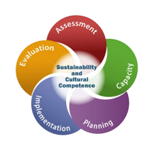 A flower-shaped chart with five petals. A white circle in the center says "Sustainability and Cultural Competence." Starting at the top and moving clockwise, there is a red petal that says "Assessment," a green petal that says "Capacity," a purple petal that says "Planning," a blue petal that says "Implementation," and an orange petal that says "Evaluation."