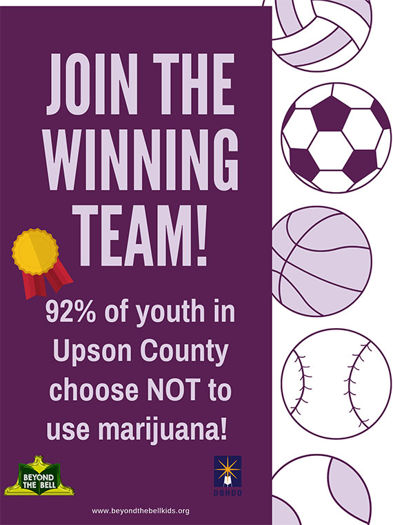 A purple and white poster with a volleyball, soccer ball, basketball, baseball, and tennis ball down the right side. Says "Join the winning team! 92% of youth in Upson County choose not to use marijuana!"