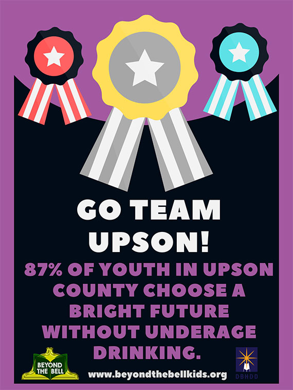 A purple and black poster saying "Go team Upson! 87% of youth in Upson County choose a bright future without underage drinking."