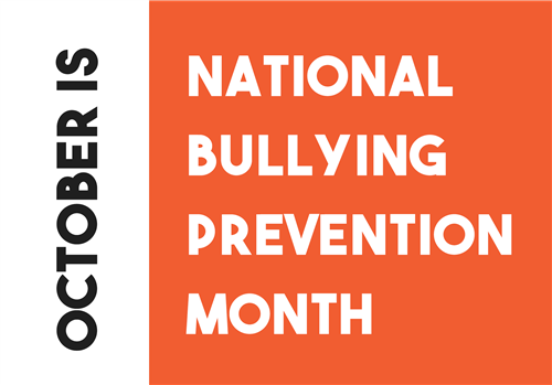 Black "October Is" written vertically in a white rectangle to the left of a red square reading "National Bullying Prevention Month."