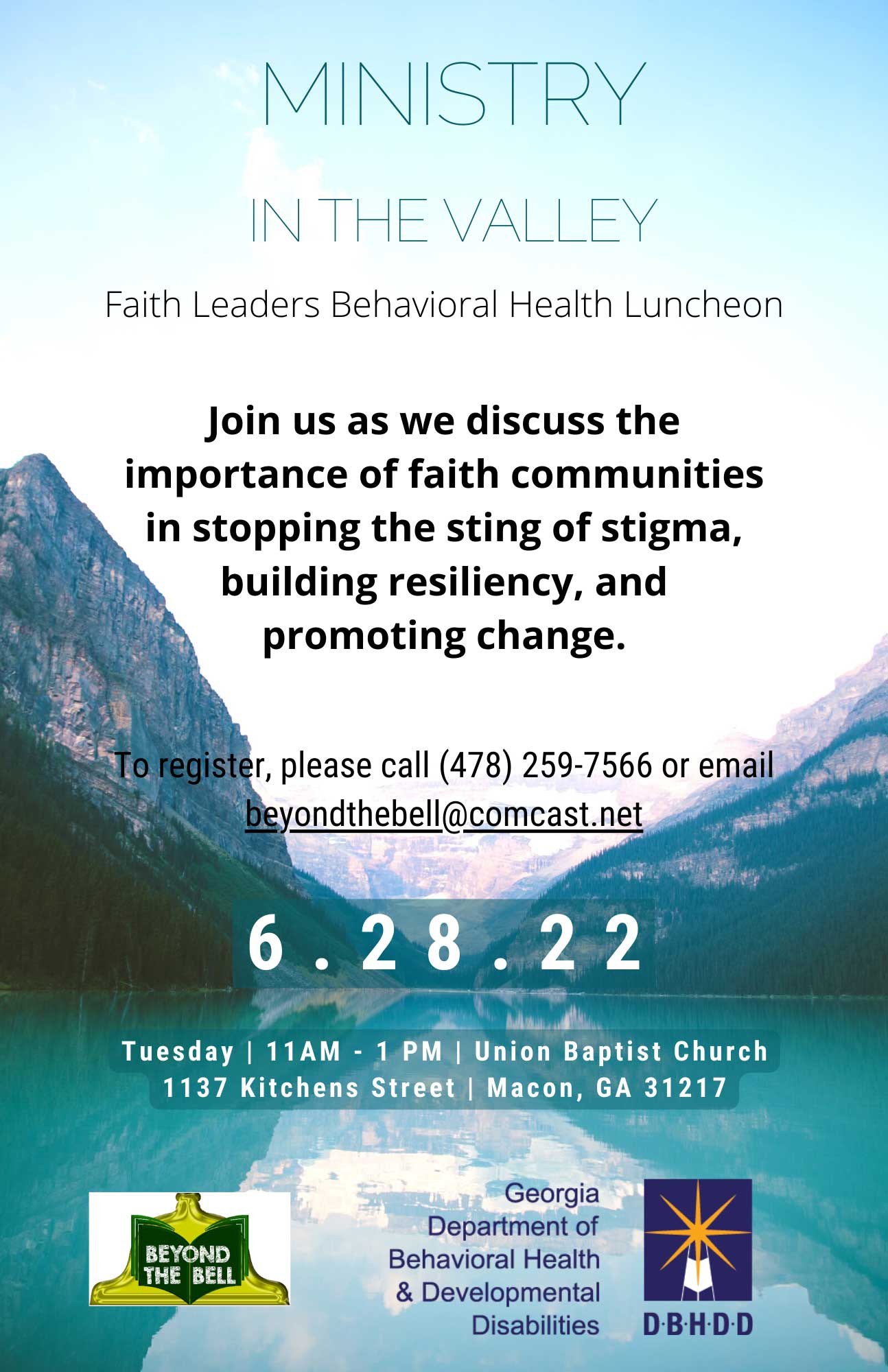 Poster for Ministry in the Valley - Faith Leaders Behavioral Luncheon. June 28, 2022 from 11-1 at Union Baptist Church
